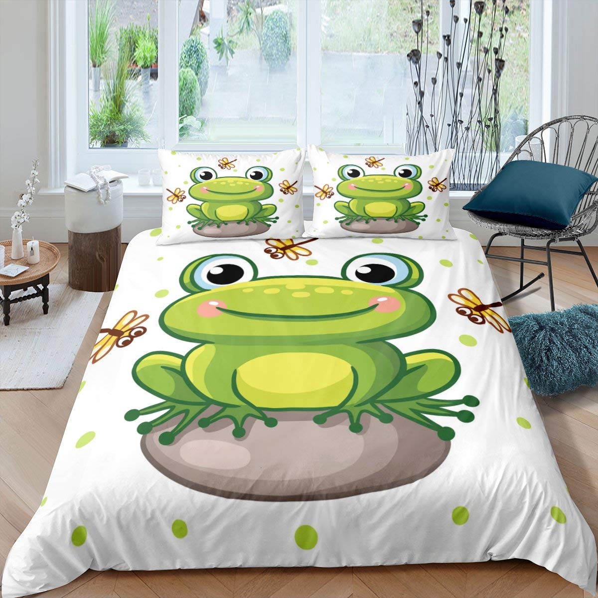 Cartoon Frog Duvet Cover Set Light Green Cartoon Frogs Cute Dragonfly Animal Bedding Set for Kid Twin Size Polyester Quilt